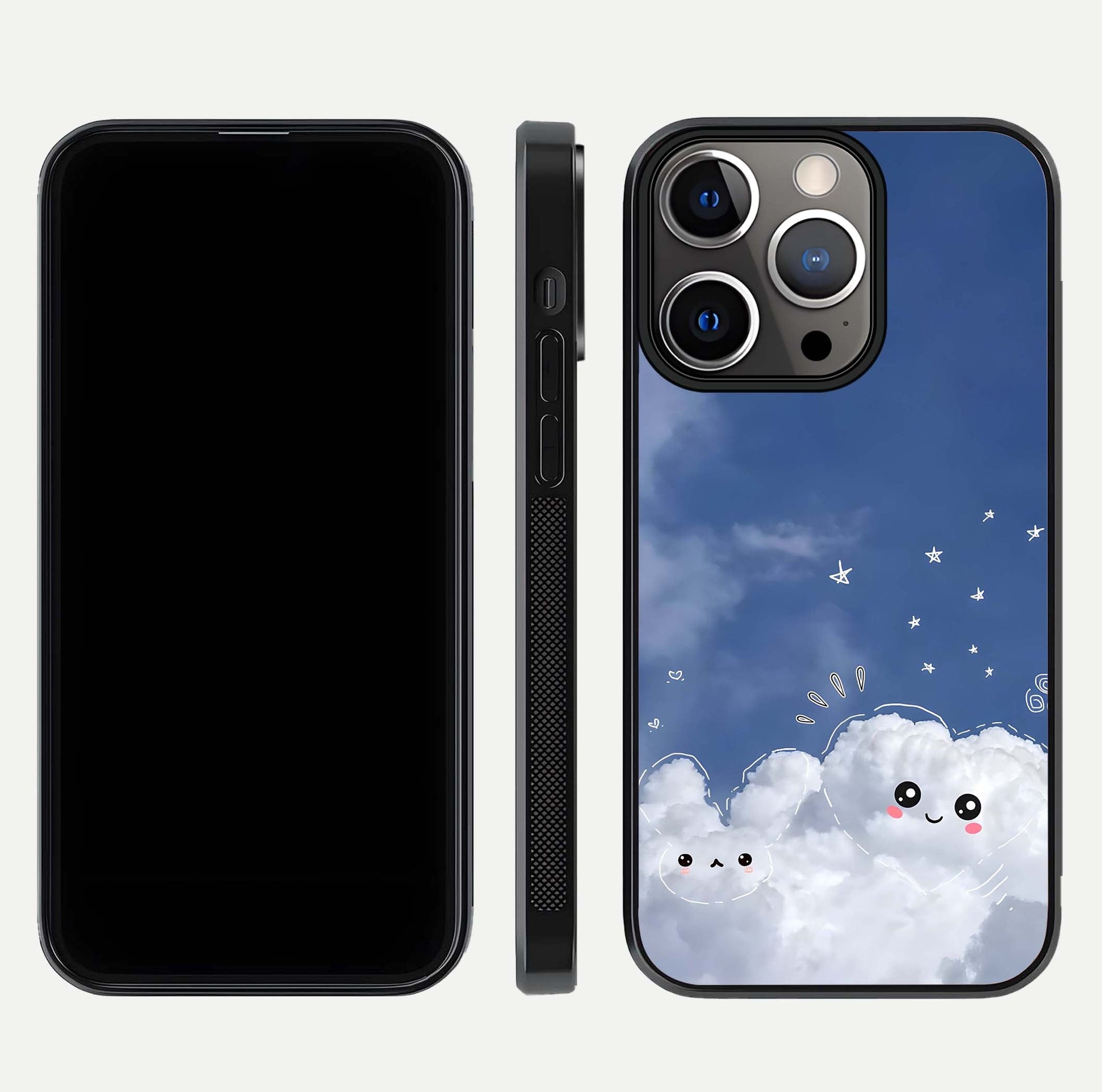 Cute Blossom Cloud Glass Case for iPhone 13 Pro dual-view layout displaying cute floral clouds and polished edge