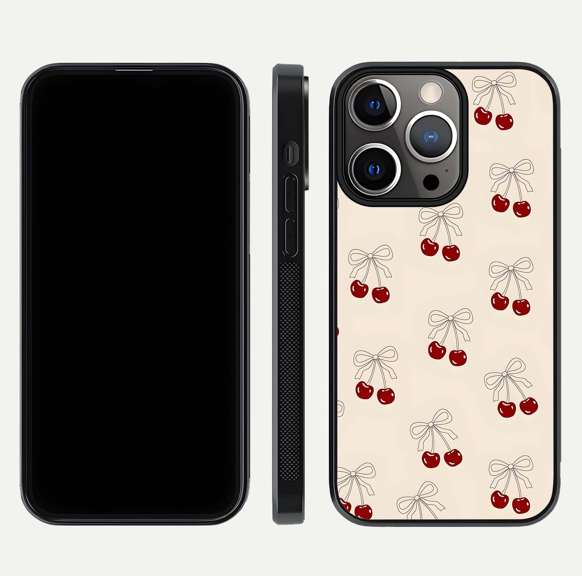 Cute Cherry Pattern Glass Case for iPhone 13 Pro dual-view layout displaying aesthetic fruit print and smooth edges