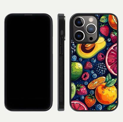 Cute Fruits Art Glass Case for iPhone 13 Pro dual-view layout displaying playful tones and curved design