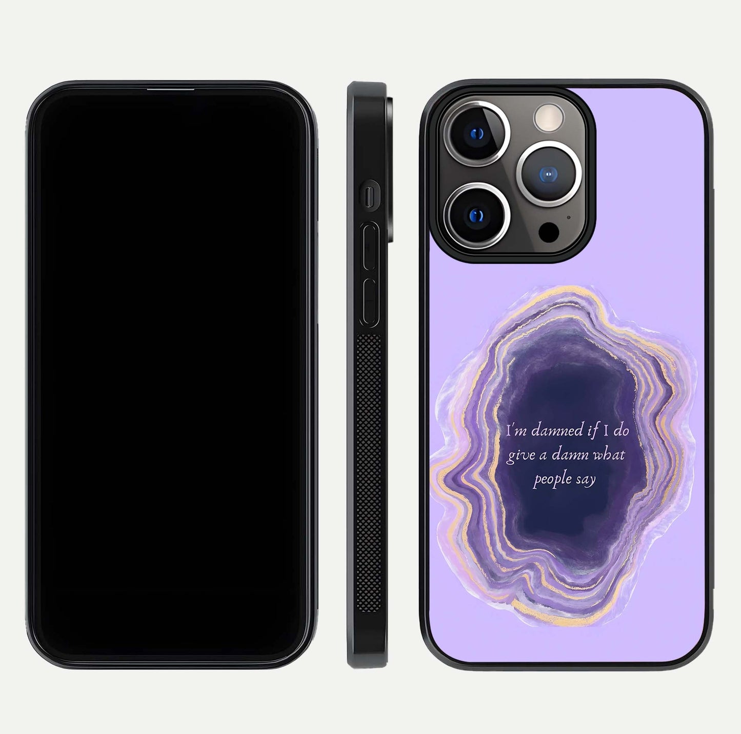 Damned People Quote Glass Case for iPhone 13 Pro dual-view layout displaying modern print and glass clarity