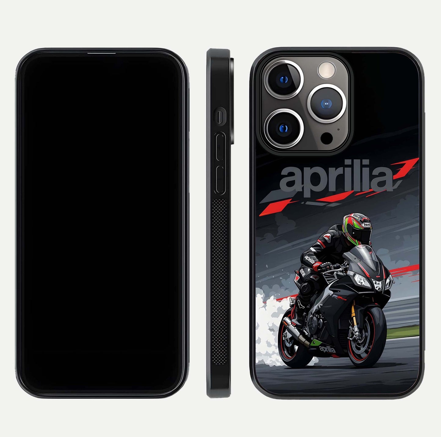 Dark Aprilla Glass Case for iPhone 13 Pro dual-view layout displaying sleek racing look and HD shine