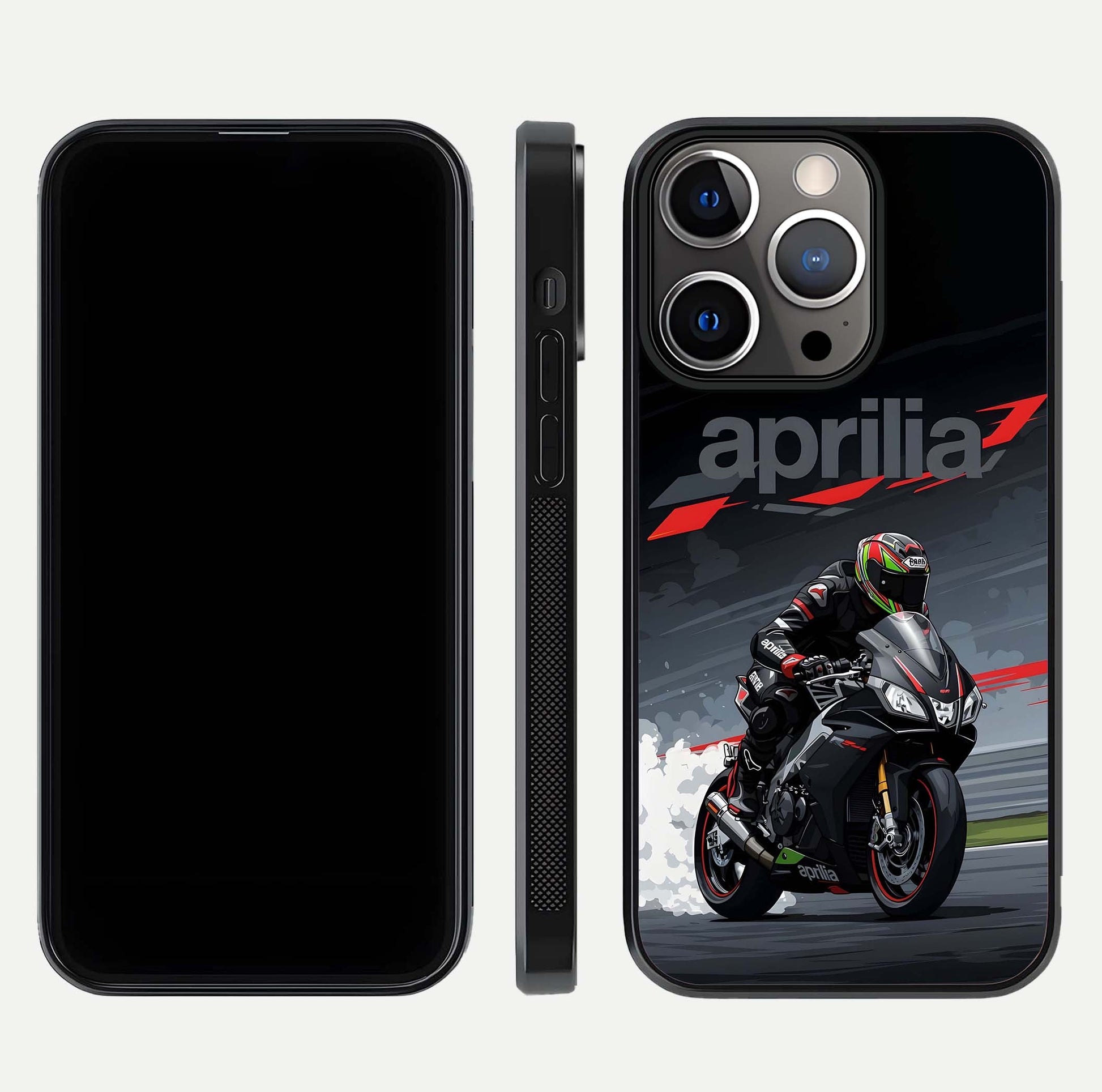 Dark Aprilla Glass Case for iPhone 13 Pro dual-view layout displaying sleek racing look and HD shine