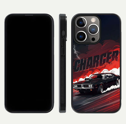 Dark Charger Fury Glass Case for iPhone 13 Pro dual-view layout displaying HD design and polished edges