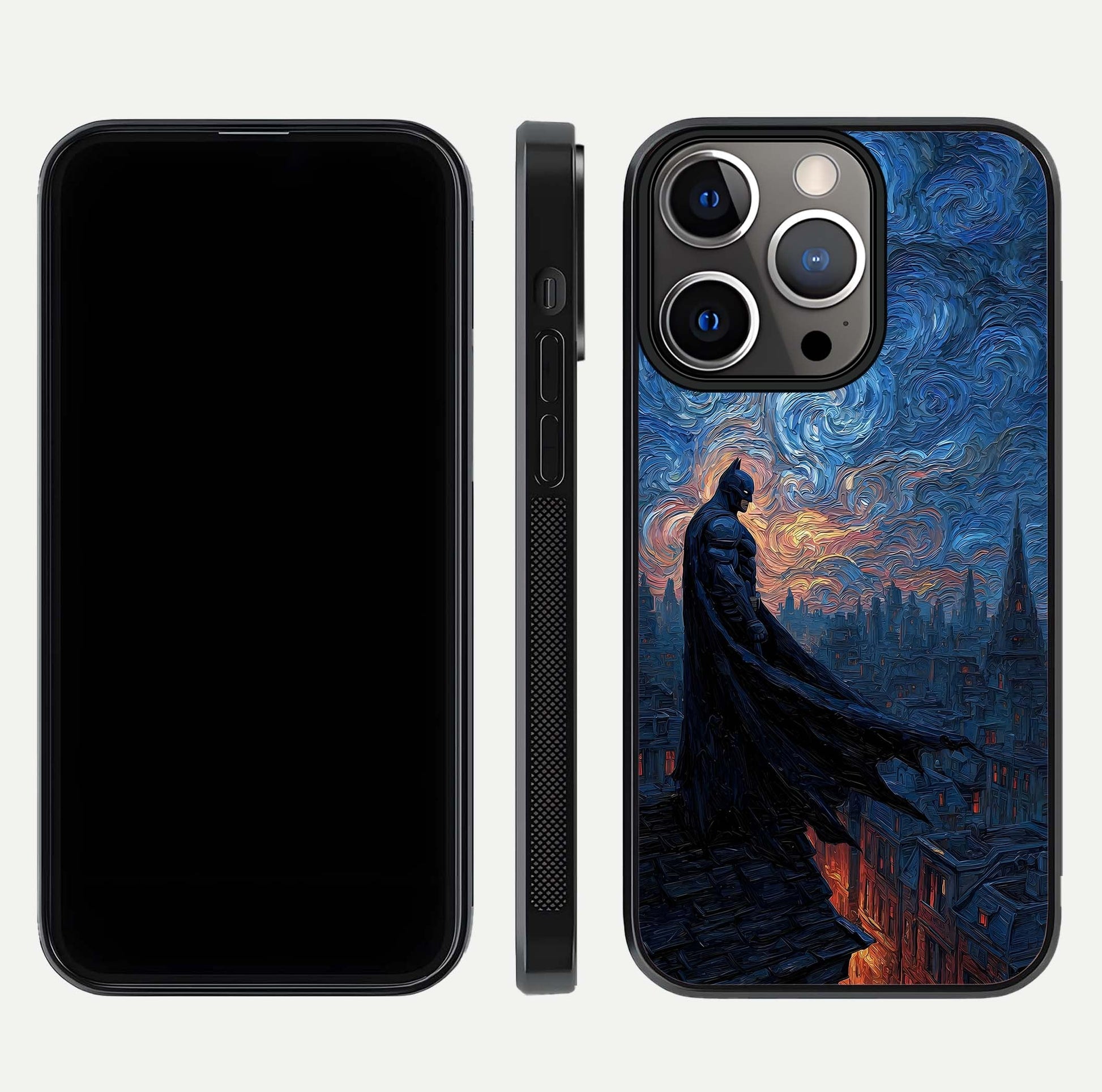 Dark Knight Dusk Glass Case for iPhone 13 Pro dual-view layout displaying HD hero print and curved glass edges