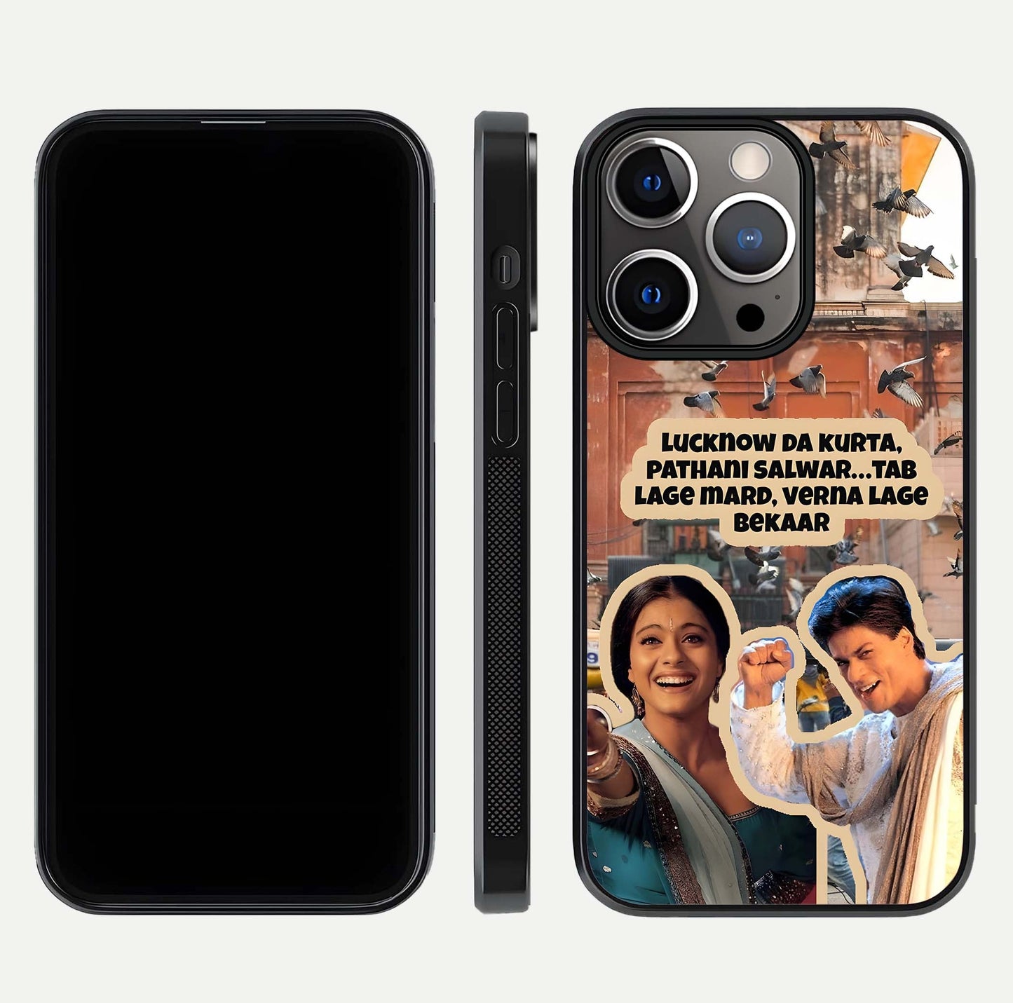 Desi Retro Vibes Glass Case for iPhone 13 Pro dual-view layout showing nostalgic design and smooth glass curve