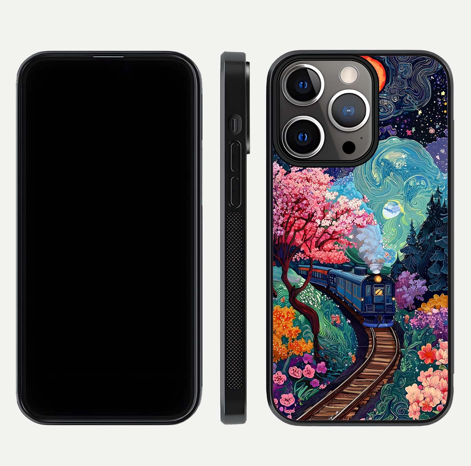 Digital Art Glass Case for iPhone 13 Pro dual-view layout displaying artistic tones and curved glass edge
