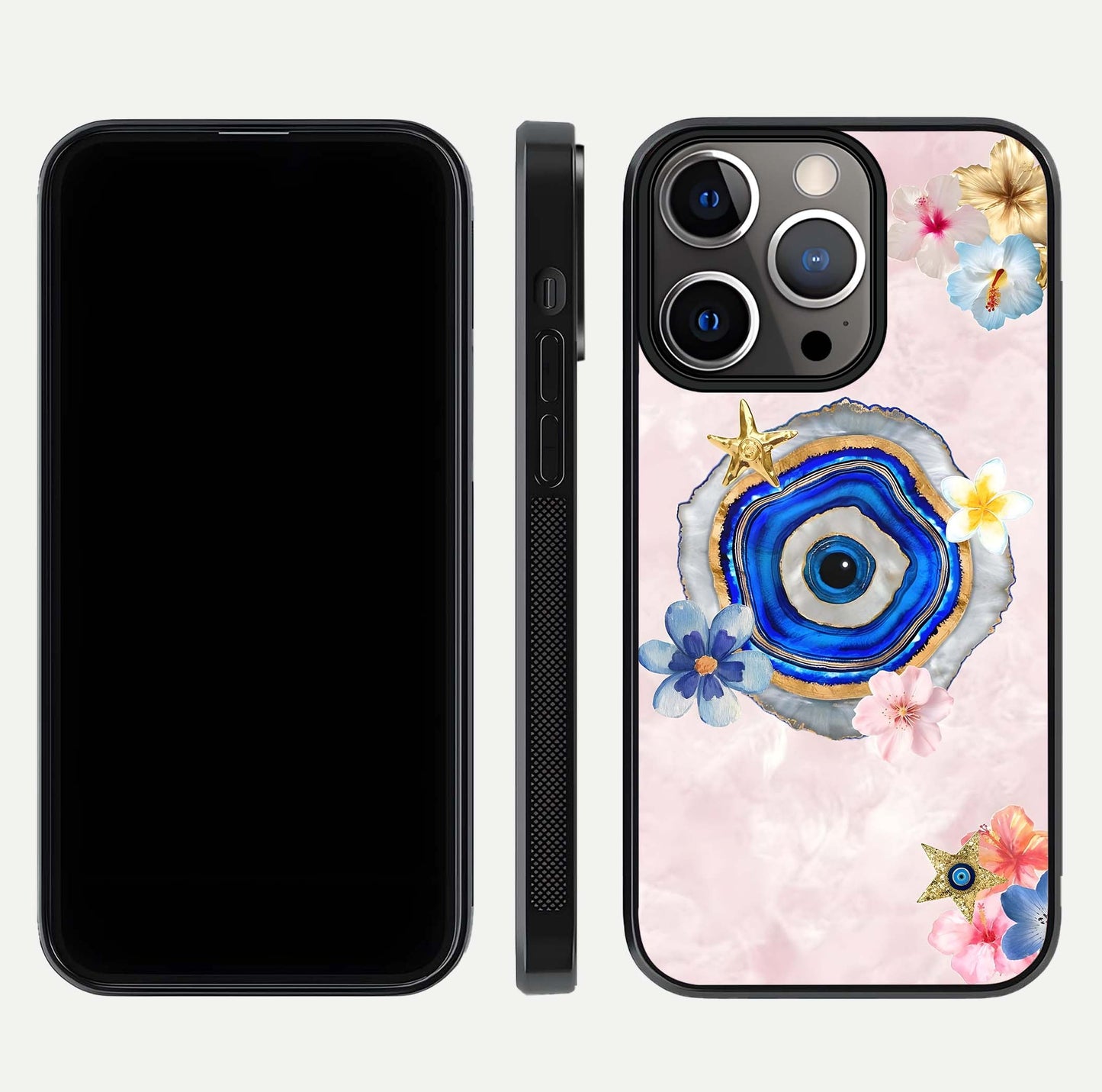 Divine Aura Bloom Glass Case for iPhone 13 Pro dual-view layout displaying divine color tones and smooth edges