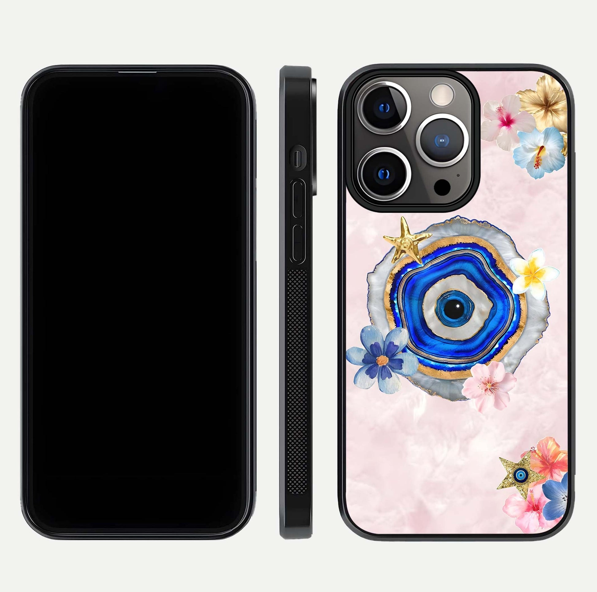 Divine Aura Bloom Glass Case for iPhone 13 Pro dual-view layout displaying divine color tones and smooth edges