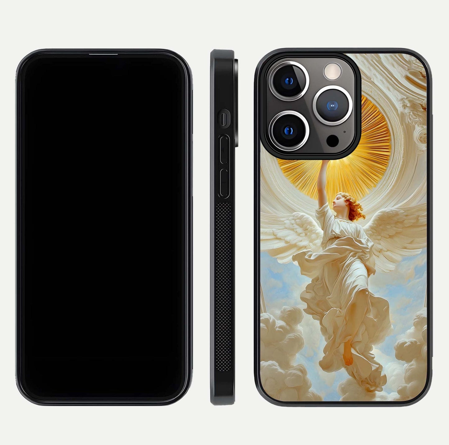Divine Light Angel Glass Case for iPhone 13 Pro dual-view layout displaying celestial tones and smooth curves