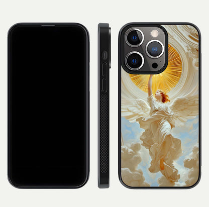 Divine Light Angel Glass Case for iPhone 13 Pro dual-view layout displaying celestial tones and smooth curves
