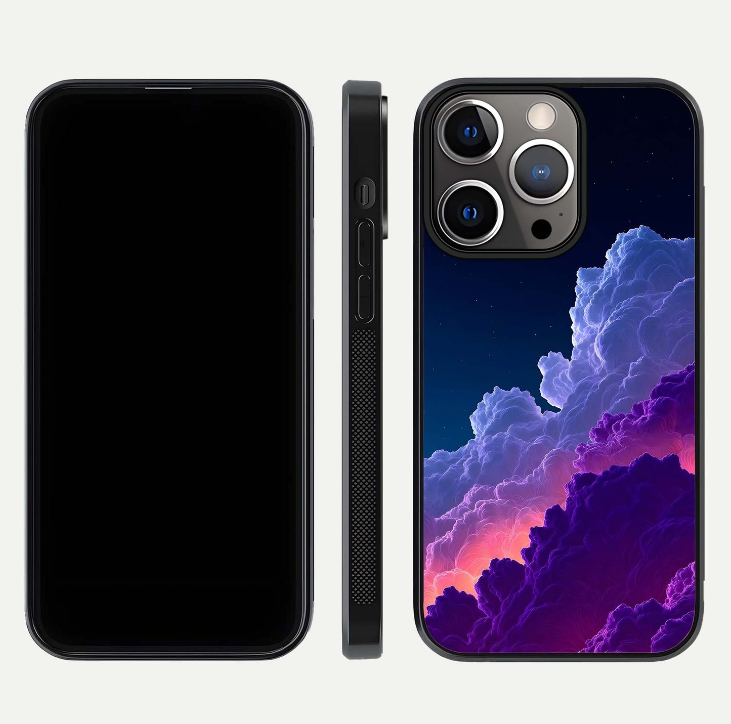 Dreamy Cloud Skies Glass Case for iPhone 13 Pro dual-view layout displaying calm sky art and smooth curve