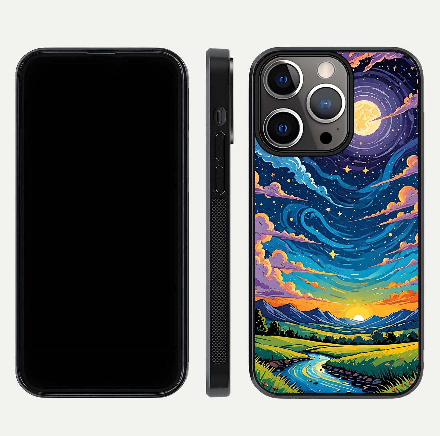 Dreamy Night Landscape Glass Case for iPhone 13 Pro dual-view layout displaying HD print and curved glass edges