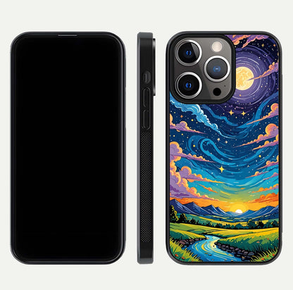 Dreamy Night Landscape Glass Case for iPhone 13 Pro dual-view layout displaying HD print and curved glass edges