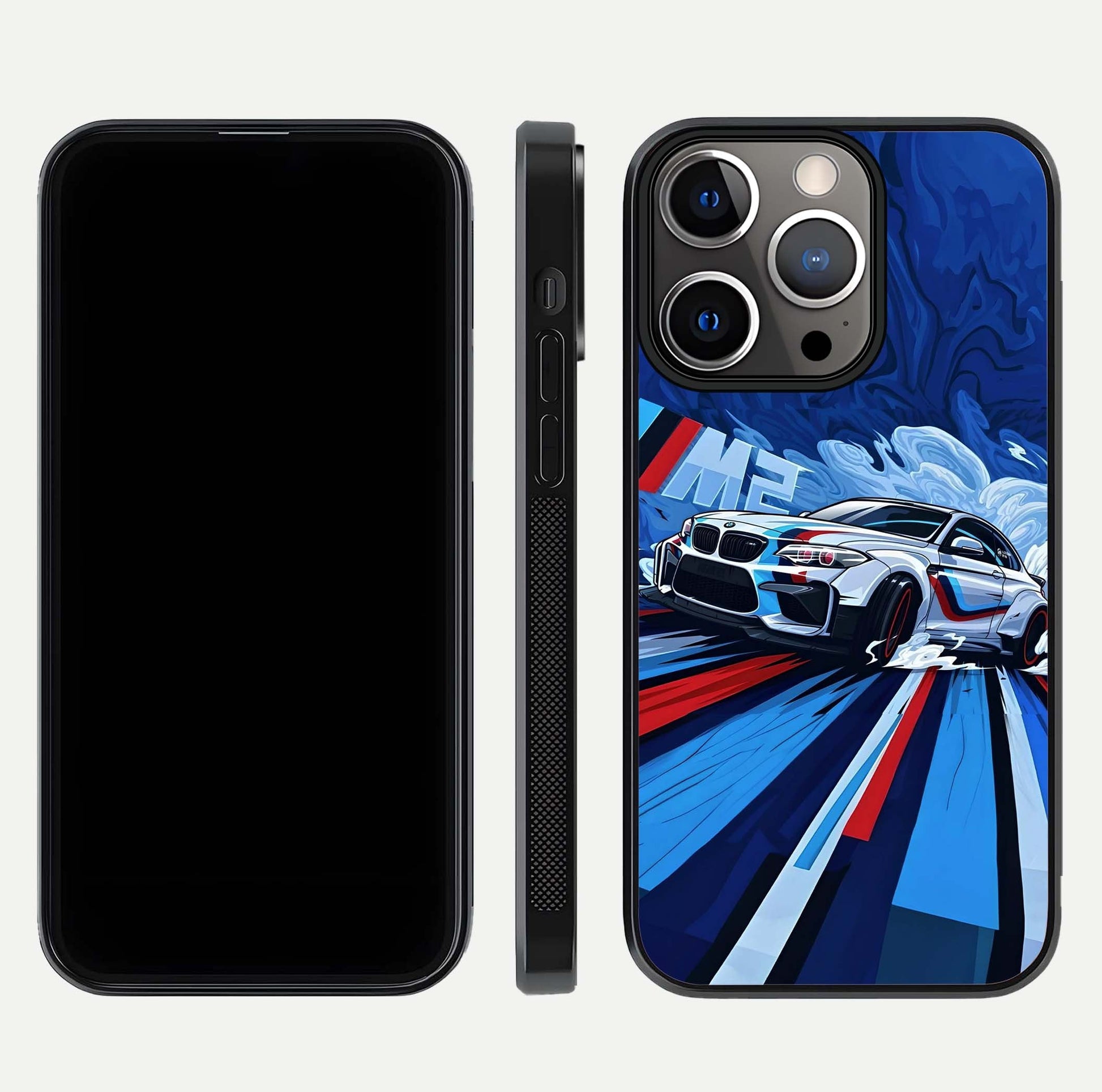 Drift Power Rush Glass Case for iPhone 13 Pro dual-view layout displaying dynamic motion art and HD gloss