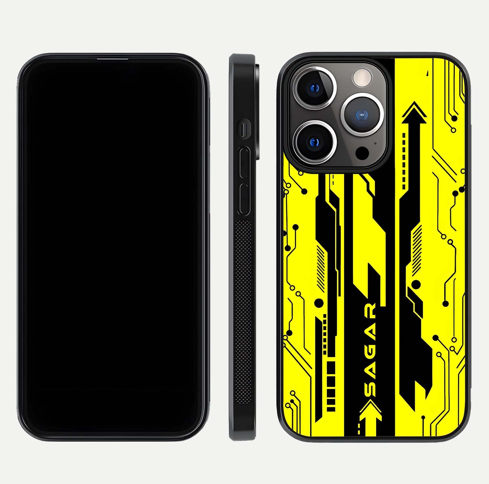 Electric Pulse CYBERPUNK Custom Name Glass Case for iPhone 13 Pro dual-view layout displaying futuristic hues and curved glass edges