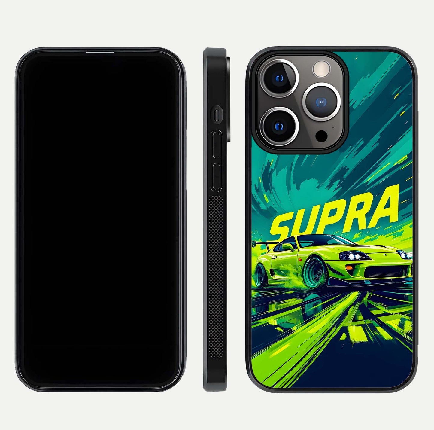 Electric Supra Thunder Glass Case for iPhone 13 Pro dual-view layout displaying dynamic motion art and curved finish