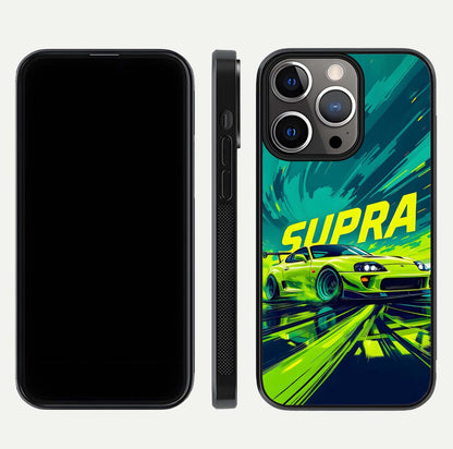 Electric Supra Thunder Glass Case for iPhone 13 Pro dual-view layout displaying dynamic motion art and curved finish
