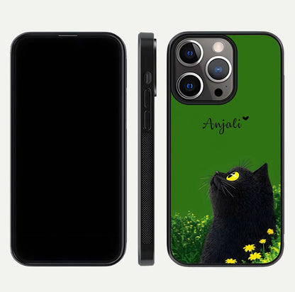 Emerald Cat Custom Name Glass Case for iPhone 13 Pro dual-view layout displaying artistic tones and smooth curves