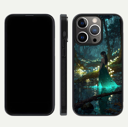 Enchanted Forest Glow Glass Case for iPhone 13 Pro dual-view layout displaying green tones and smooth glass