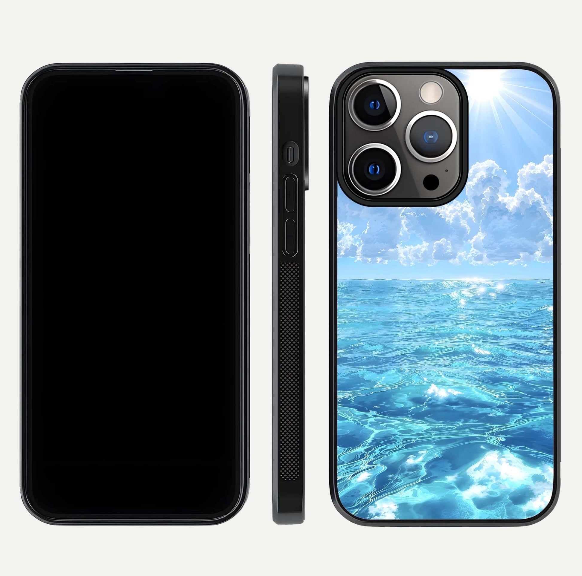 Endless Ocean Horizon Glass Case for iPhone 13 Pro dual-view layout displaying calm seascape and curved edges