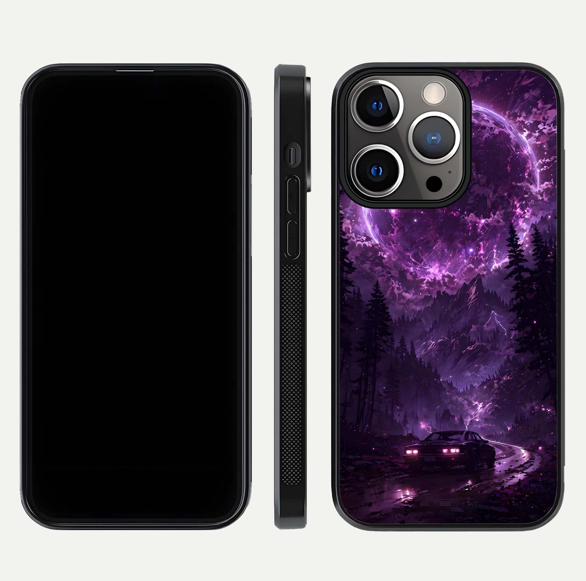 Eternal Cosmic Drive Glass Case for iPhone 13 Pro dual-view layout displaying outer-space tones and curved finish