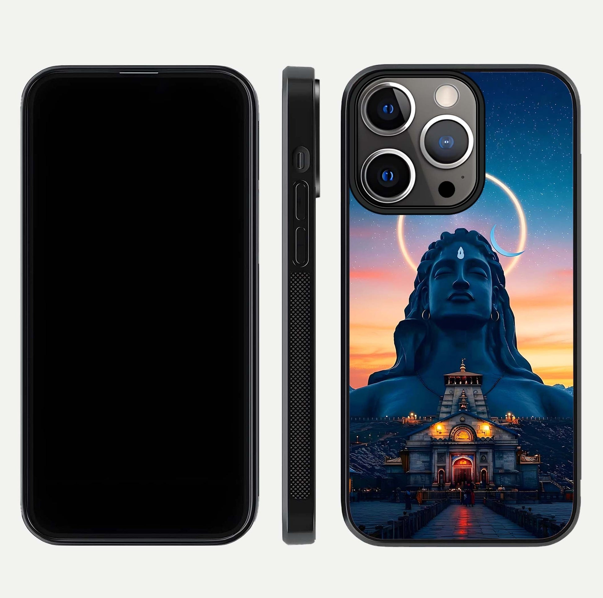 Eternal Shiva Aura Glass Case for iPhone 13 Pro dual-view layout displaying HD deity print and smooth edge