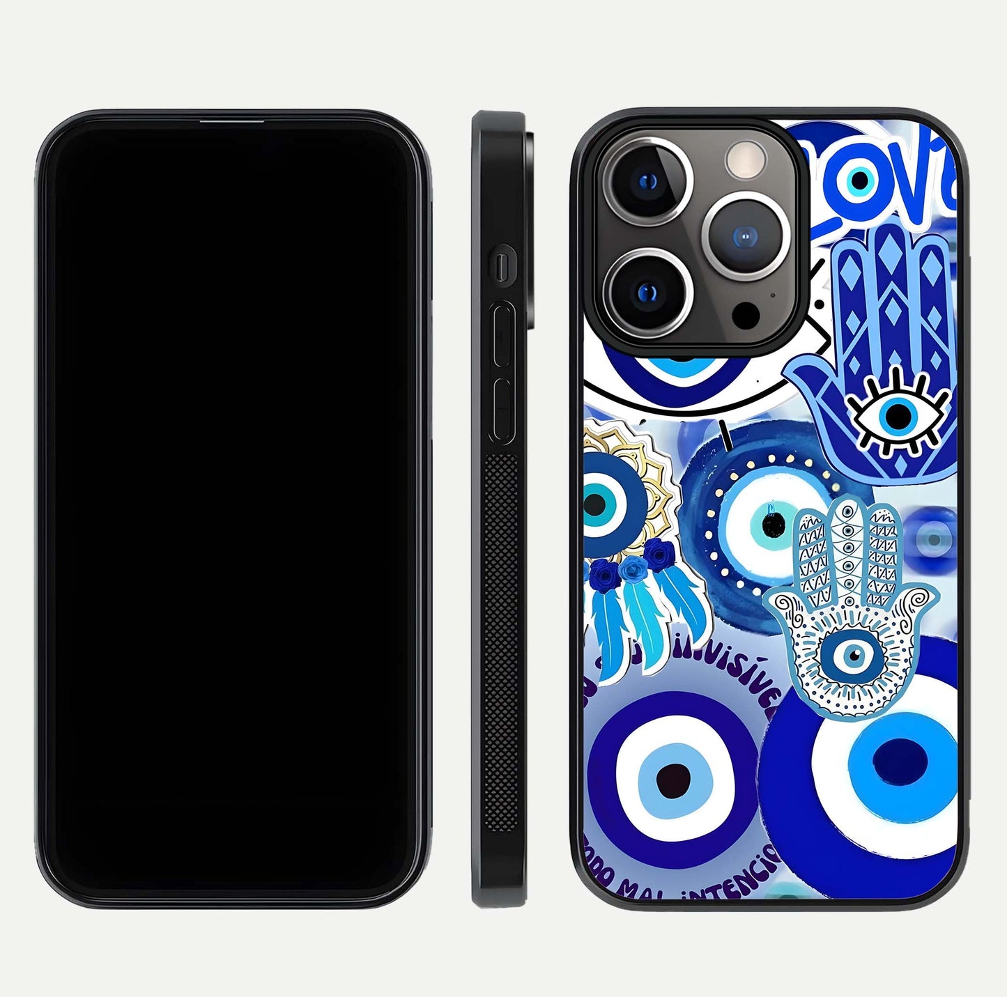 Evil Eyes Dream Glass Case for iPhone 13 Pro dual-view layout displaying spiritual motif and polished curved edge