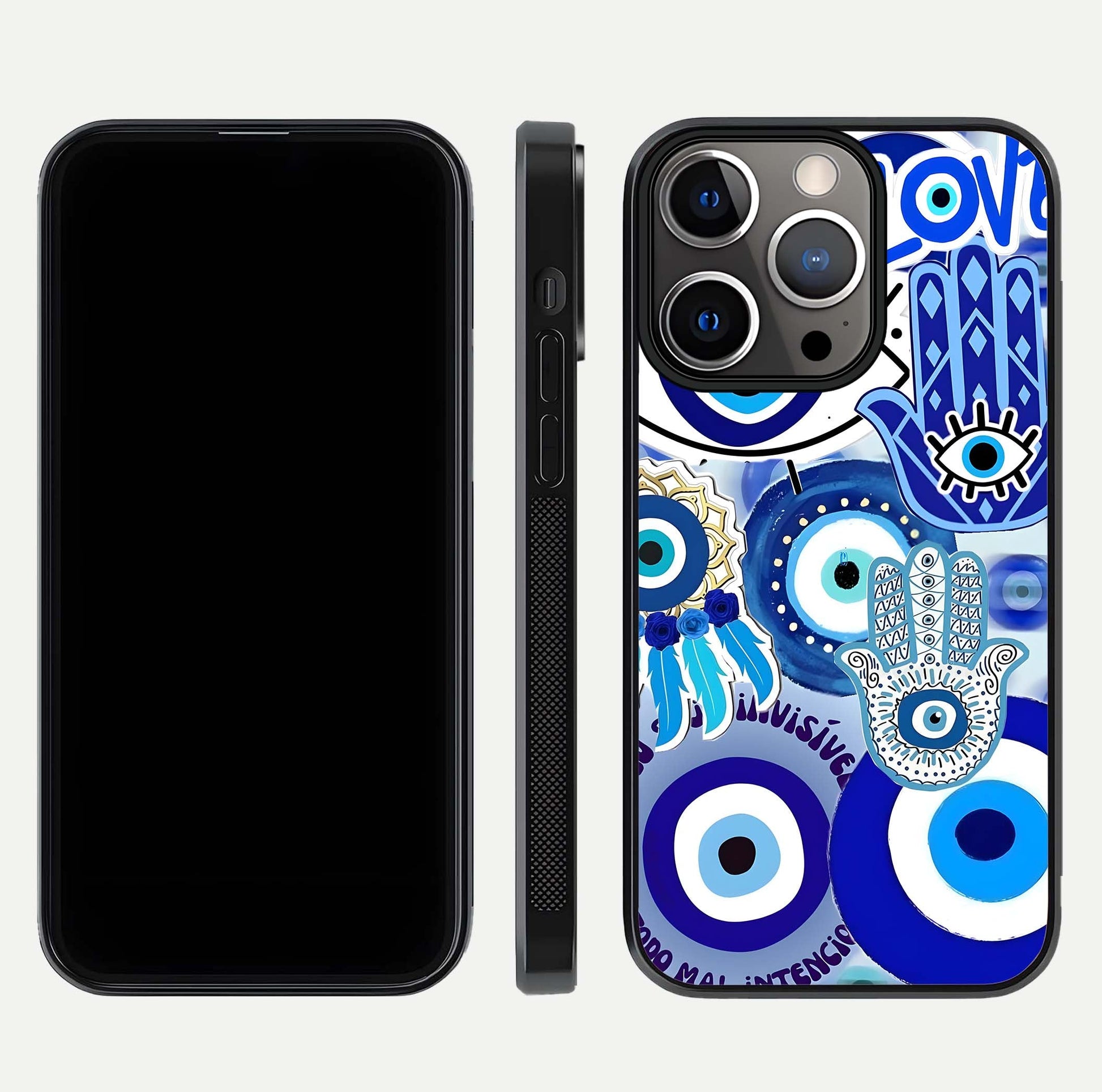 Evil Eyes Dream Glass Case for iPhone 13 Pro dual-view layout displaying spiritual motif and polished curved edge