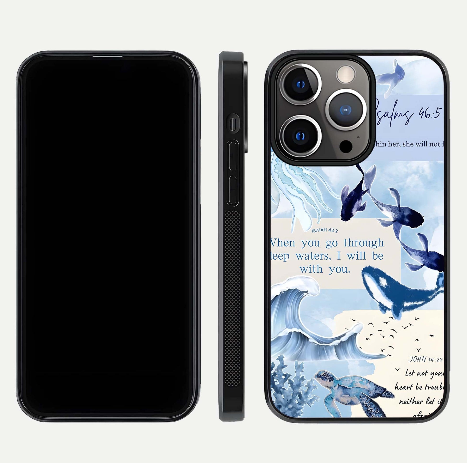 Faithful Ocean Promise Glass Case for iPhone 13 Pro dual-view layout showing sea horizon art and curved polish