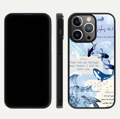Faithful Ocean Promise Glass Case for iPhone 13 Pro dual-view layout showing sea horizon art and curved polish