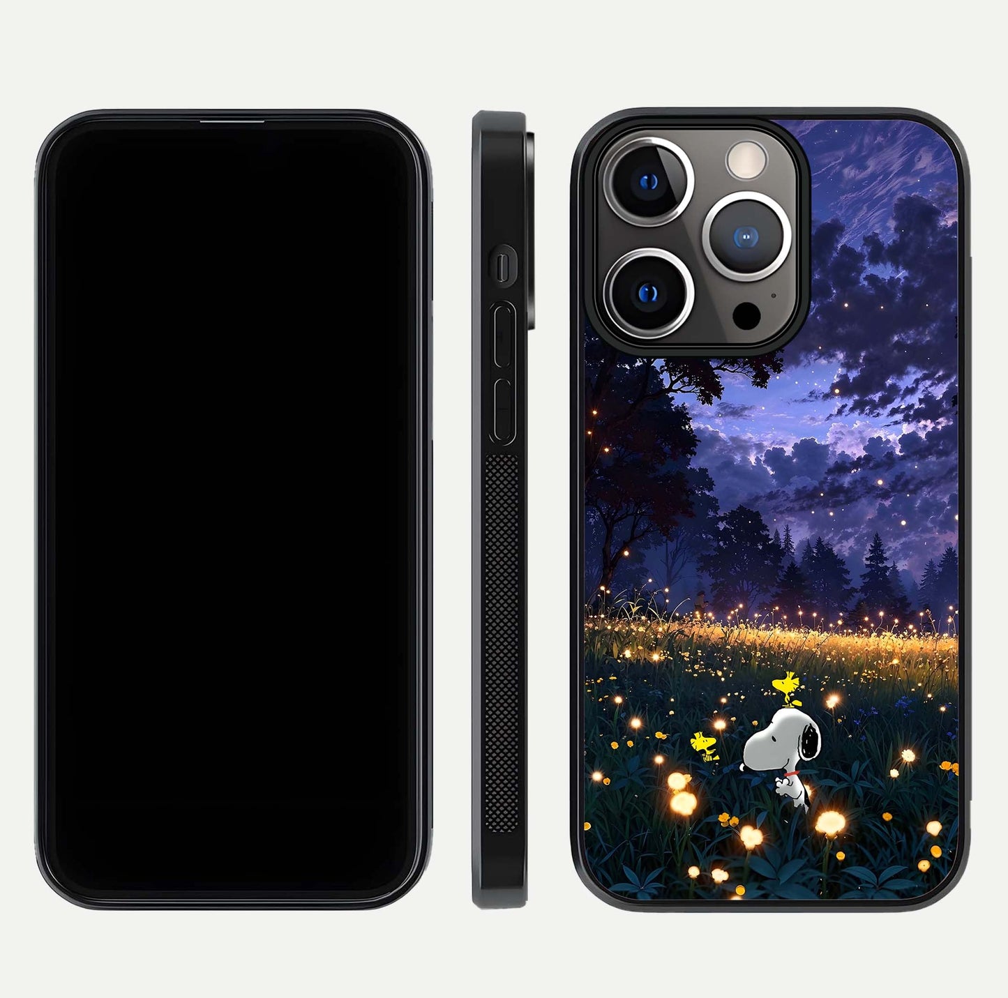 Firefly Meadow Magic Glass Case for iPhone 13 Pro dual-view layout displaying enchanting tones and curved edges