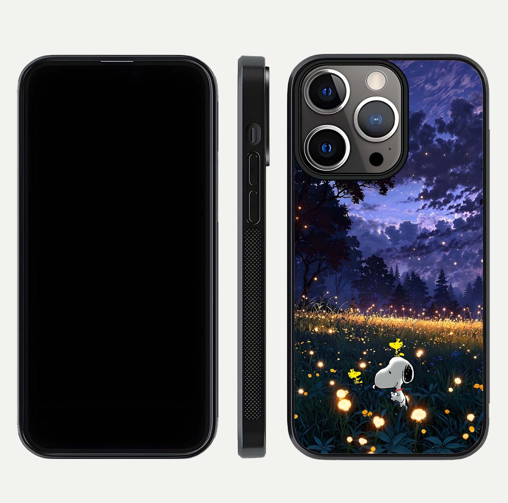 Firefly Meadow Magic Glass Case for iPhone 13 Pro dual-view layout displaying enchanting tones and curved edges