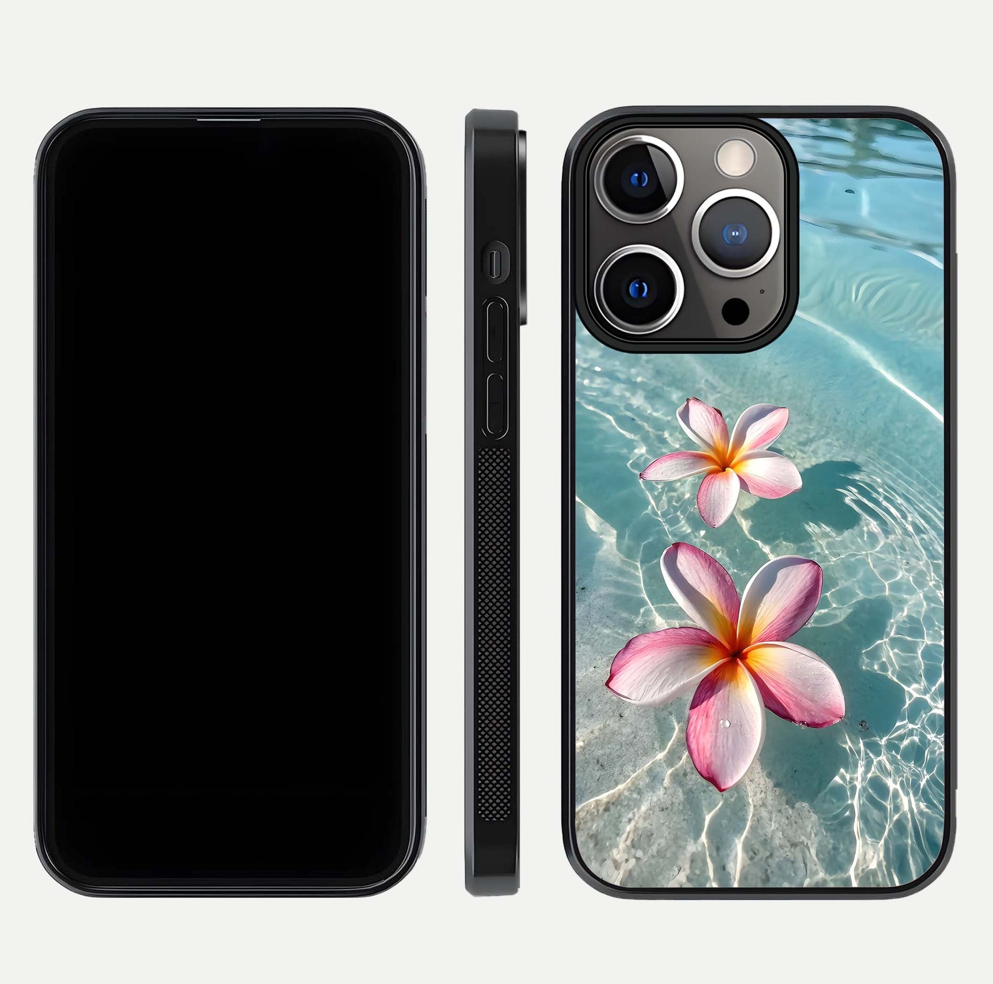 Floating Bloom Bliss Glass Case for iPhone 13 Pro dual-view layout displaying soft pastel flowers and curved glass
