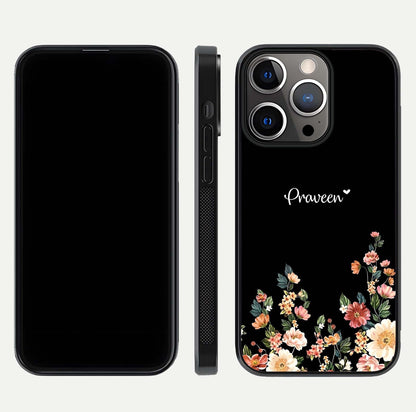 Floral Design Personalized Custom Name Glass Case for iPhone 13 Pro dual-view layout displaying artistic tones and curved finish