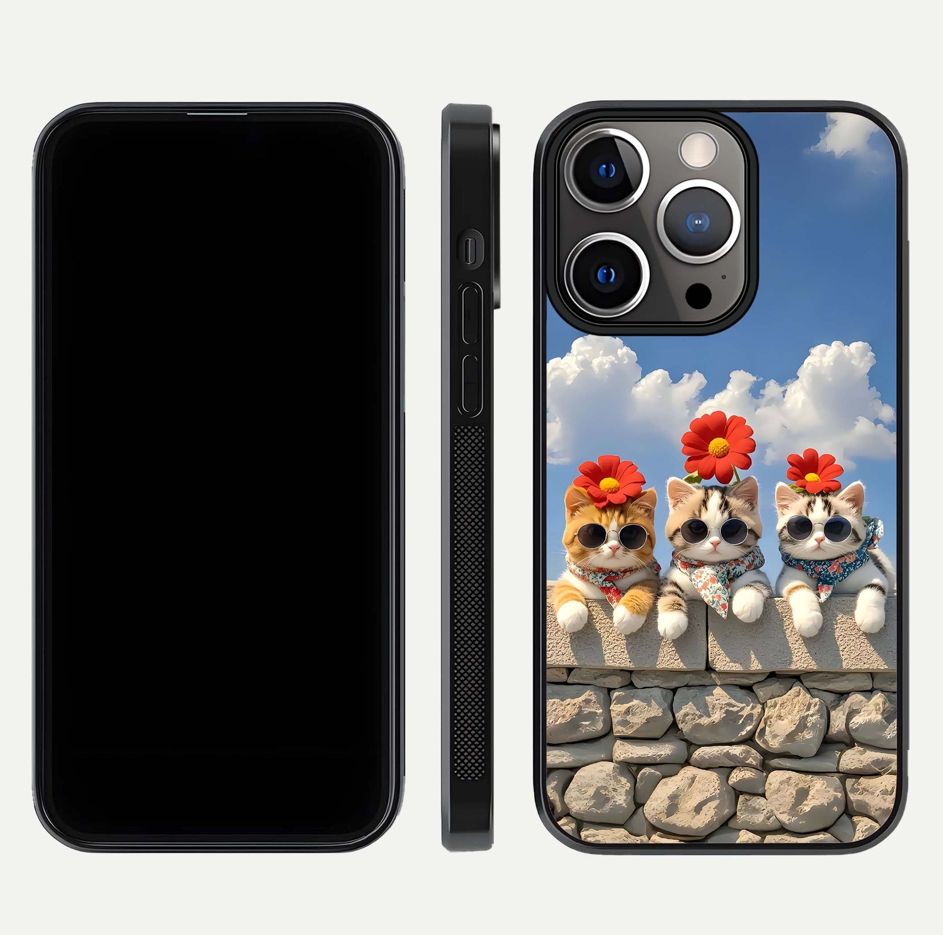 Floral Kitty Squad Glass Case for iPhone 13 Pro dual-view layout displaying vibrant tones and smooth edges