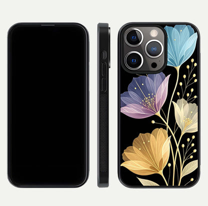 Flower Bloom Glow Glass Case for iPhone 13 Pro dual-view layout displaying petal tones and curved glass edge
