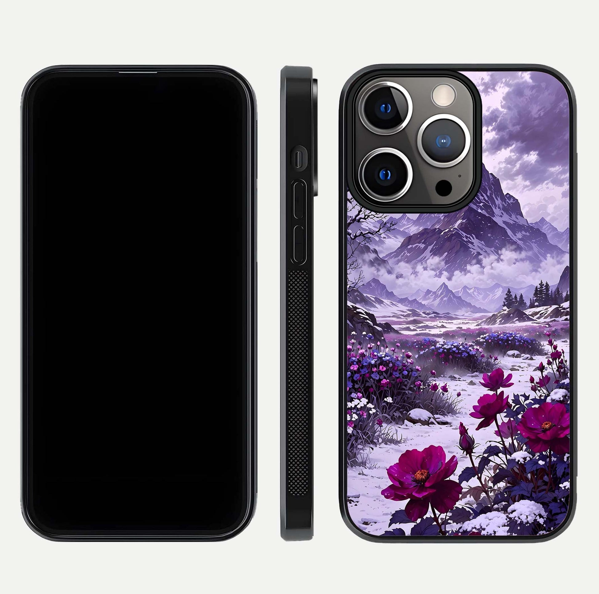 Flower Mountain View Glass Case for iPhone 13 Pro dual-view layout displaying scenic tones and curved glass finish
