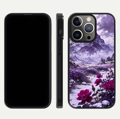 Flower Mountain View Glass Case for iPhone 13 Pro dual-view layout displaying scenic tones and curved glass finish
