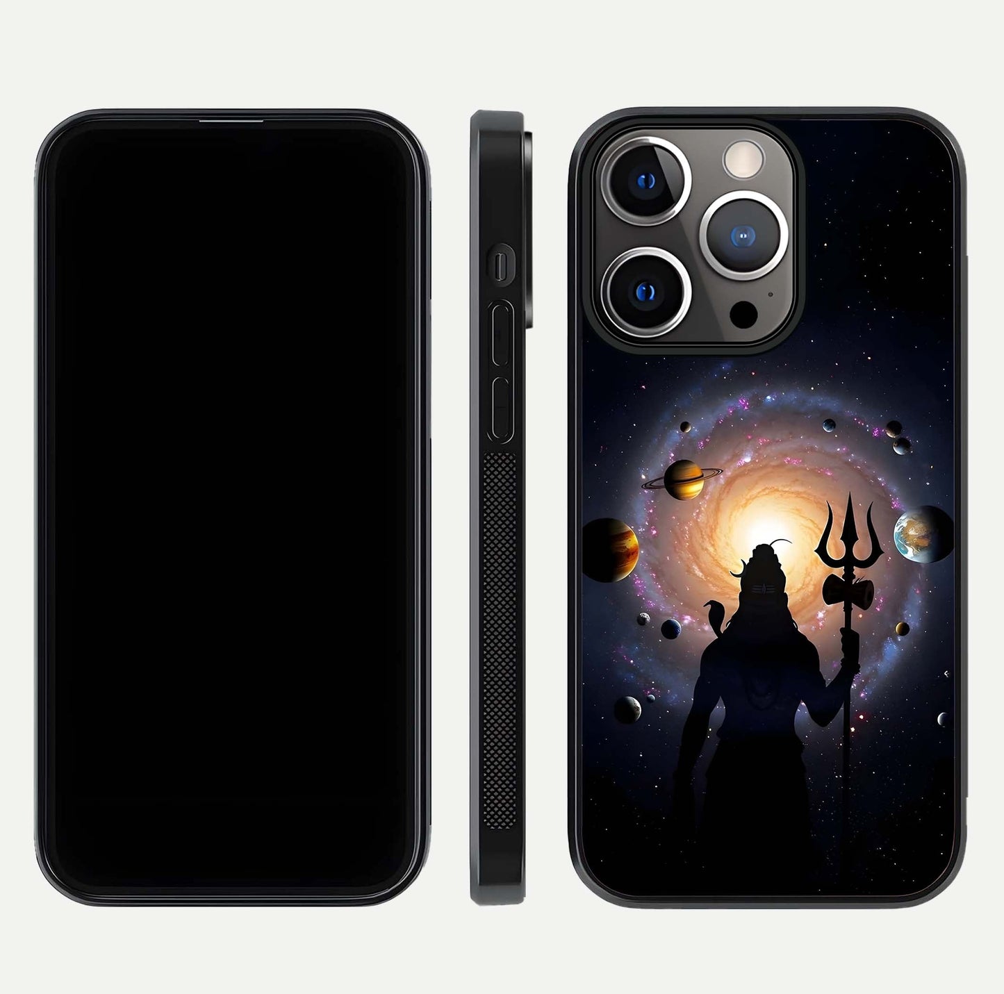 Galactic Shiva Vision Glass Case for iPhone 13 Pro front and back view layout showing celestial background and polished curved glass