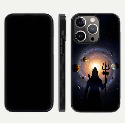 Galactic Shiva Vision Glass Case for iPhone 13 Pro front and back view layout showing celestial background and polished curved glass