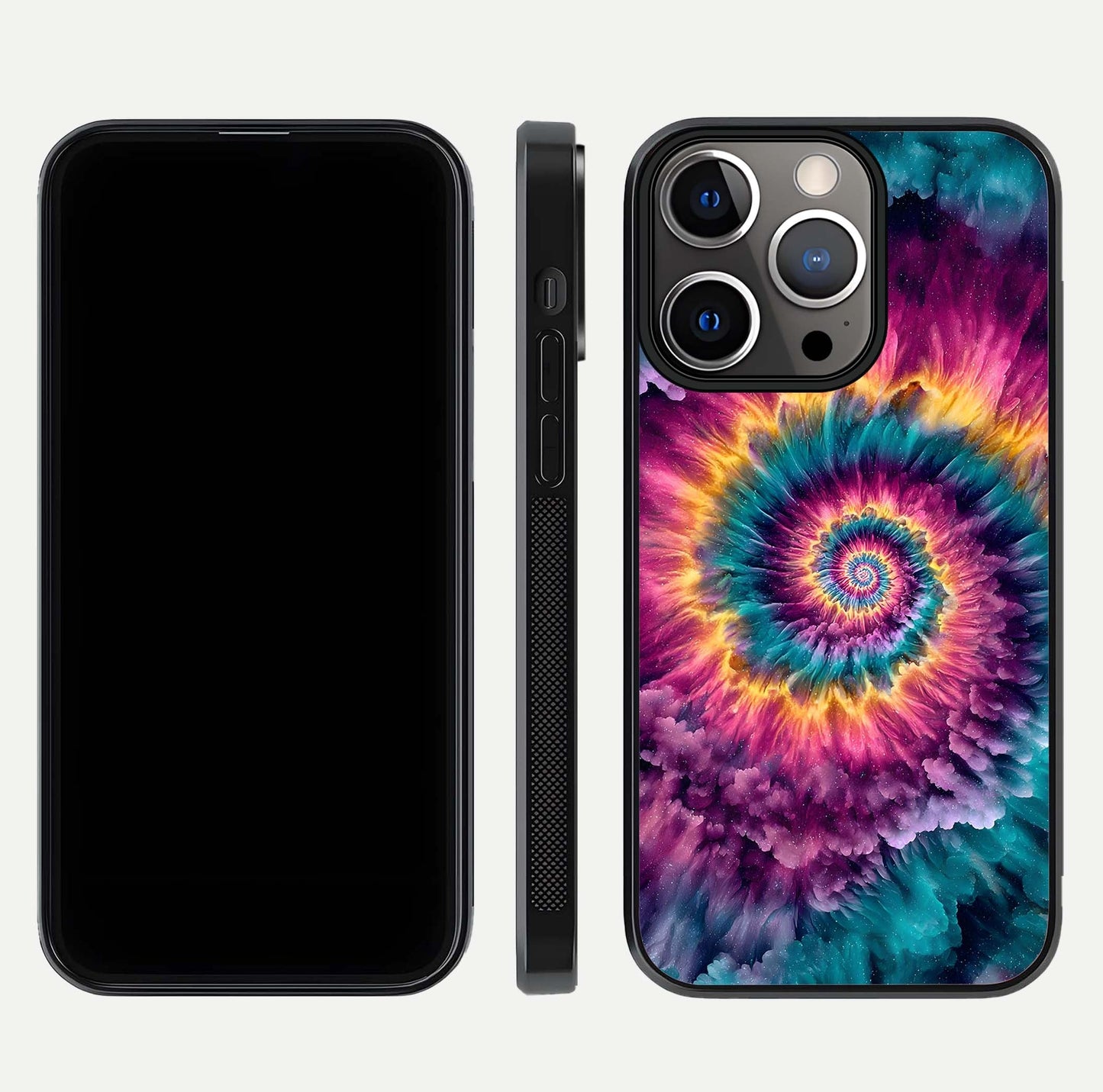 Galactic Spiral Burst Glass Case for iPhone 13 Pro front and back view layout highlighting cosmic swirl and curved edges