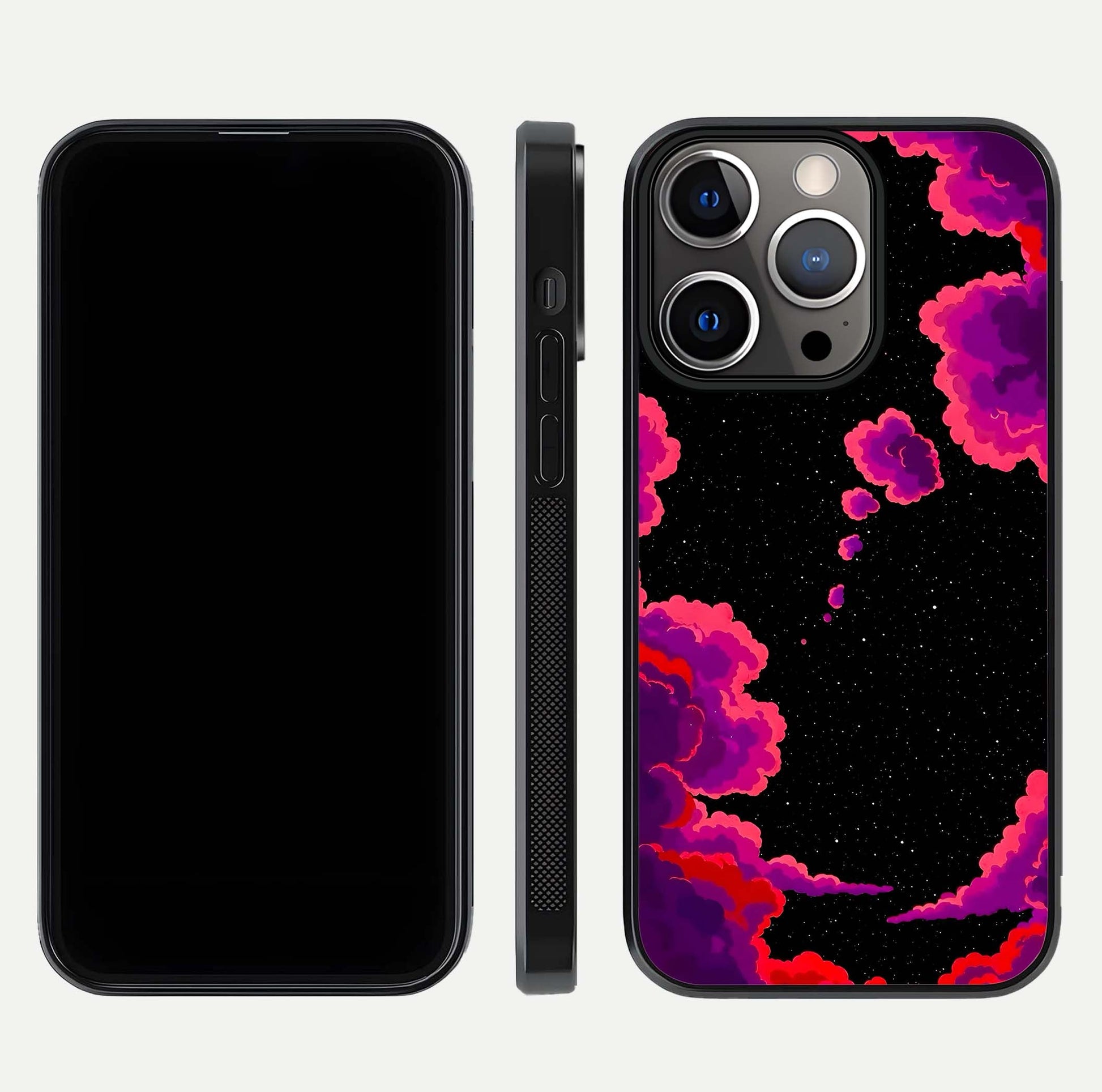 Galaxy Dream Frame Glass Case for iPhone 13 Pro front and back view layout highlighting cosmic design and smooth glass curvature