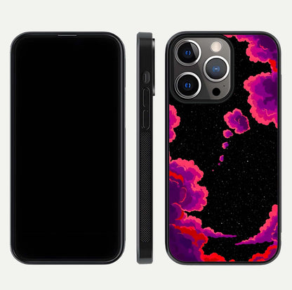 Galaxy Dream Frame Glass Case for iPhone 13 Pro front and back view layout highlighting cosmic design and smooth glass curvature
