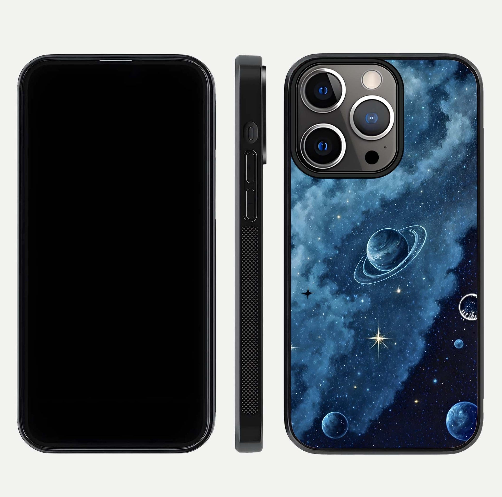 Galaxy Dream Space Glass Case for iPhone 13 Pro front and back view layout showing deep-space tones and curved edges