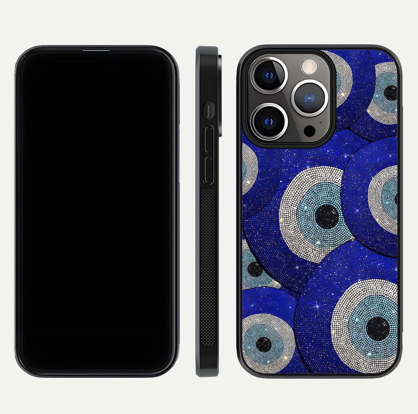 Galaxy Eye Flow Glass Case for iPhone 13 Pro front and back view layout displaying cosmic art and curved glass borders