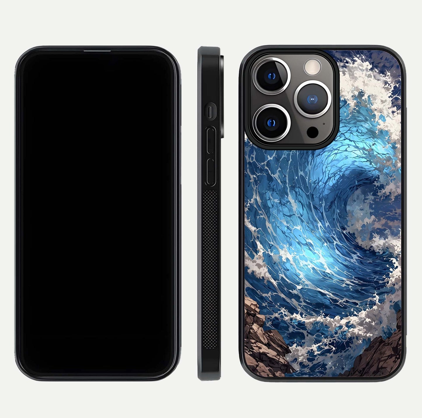 Giant Ocean Wave Glass Case for iPhone 13 Pro front and back view layout displaying sea tones and smooth curved edges