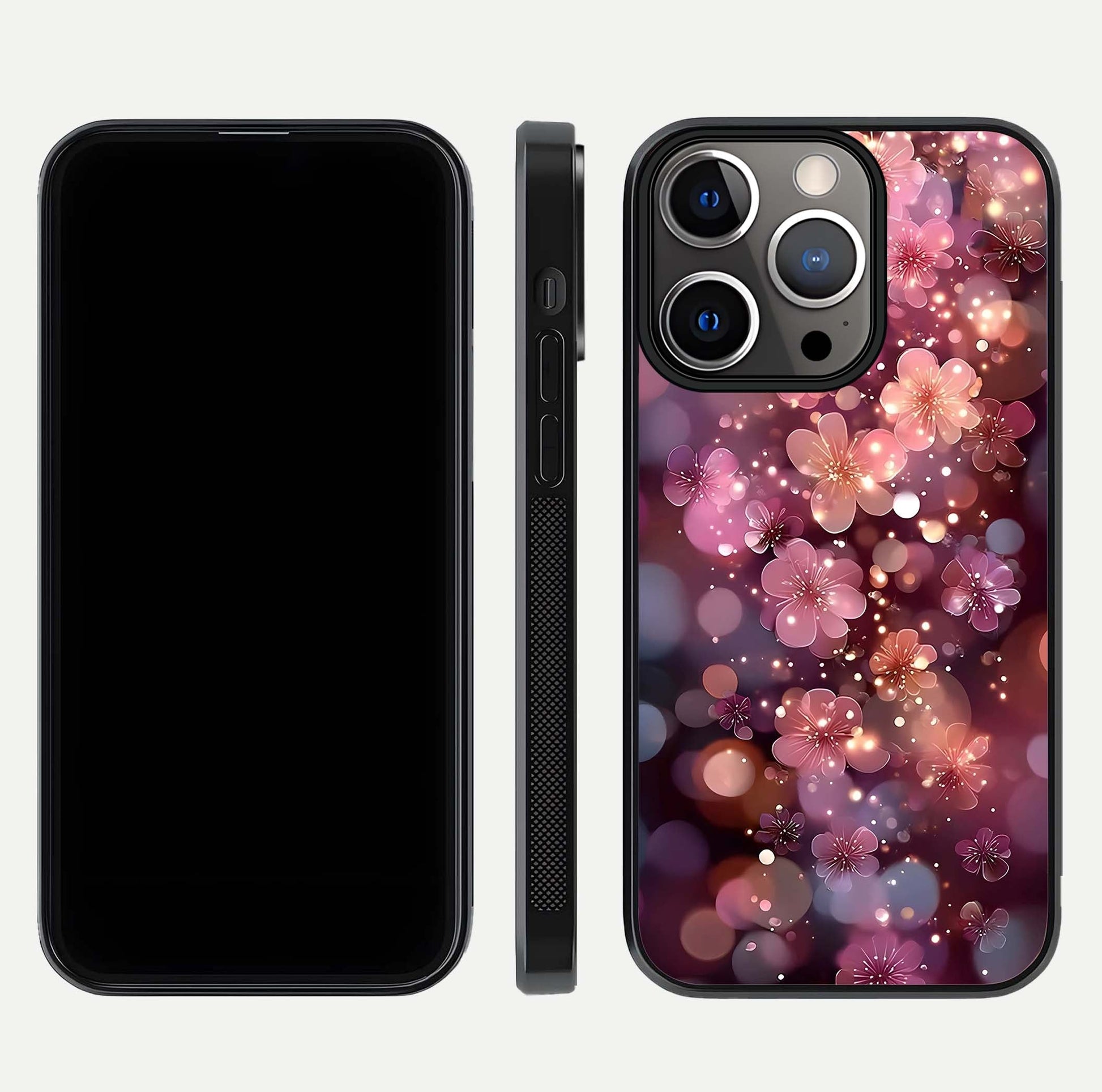 Glowing Petal Bliss Glass Case for iPhone 13 Pro front and back view layout displaying artistic floral design and curved glass
