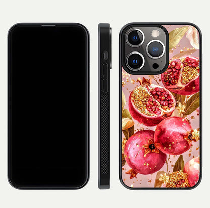 Golden Bloom Glow Glass Case for iPhone 13 Pro front and back view layout highlighting luxury floral pattern and curved edges