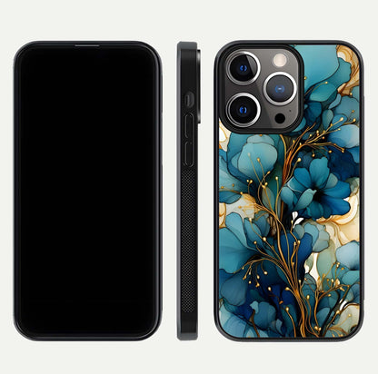 Golden Bloom Symphony Glass Case for iPhone 13 Pro front and back view layout highlighting rich floral tones and curved glass edges