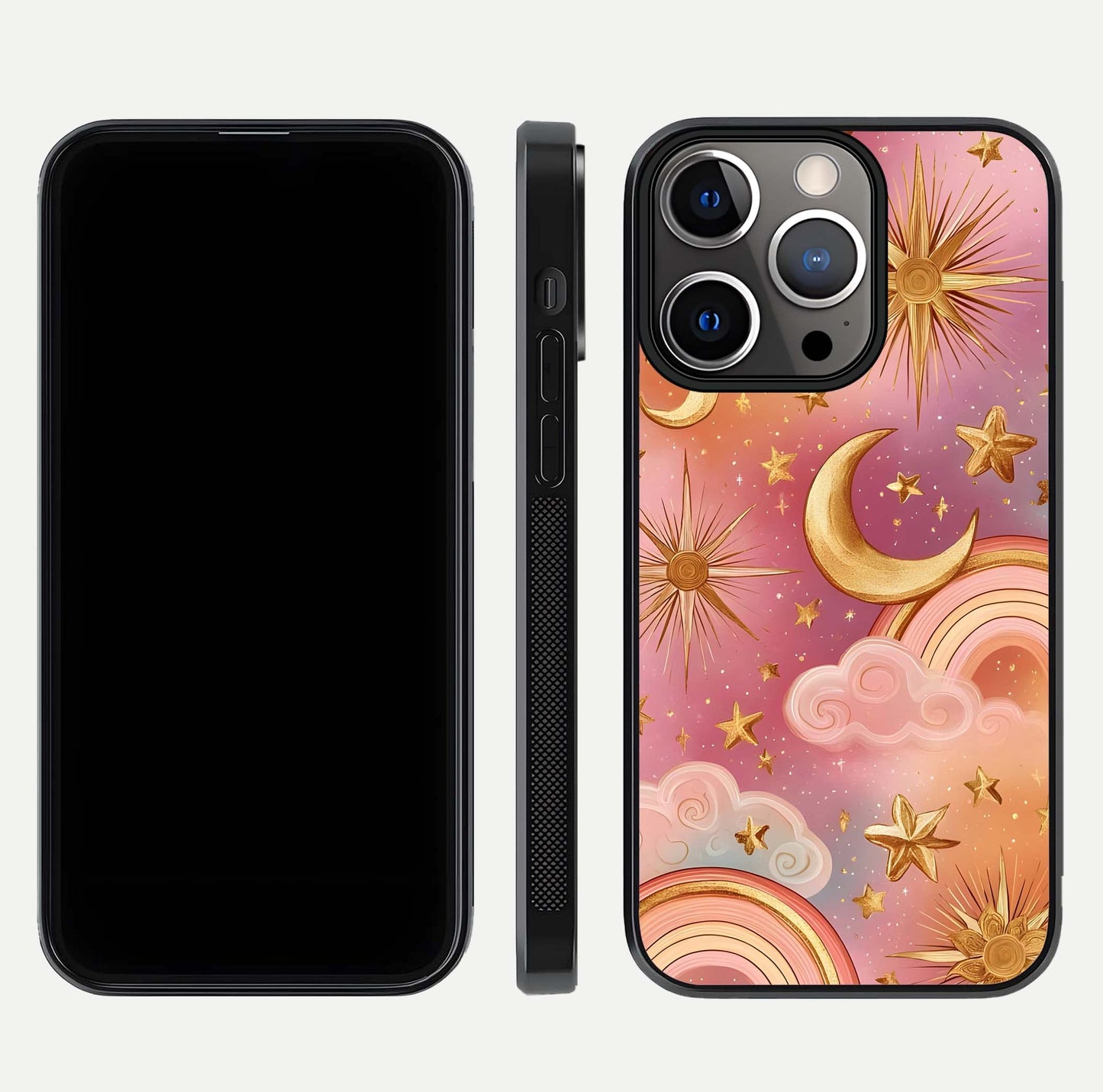 Golden Celestial Dreams Glass Case for iPhone 13 Pro front and back view layout highlighting celestial motifs and smooth curved edge